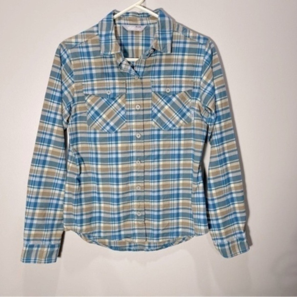 Stio Women’s Willow Midweight Fannel Shirt Size S Color Tan/Blue - Picture 3 of 12